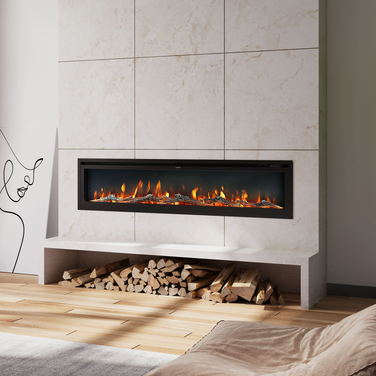 Extra Wide Wall Mounted Electric Fireplace 70/80/100 Inch – 12 Flame Colours, Dual Heat & Remote Control