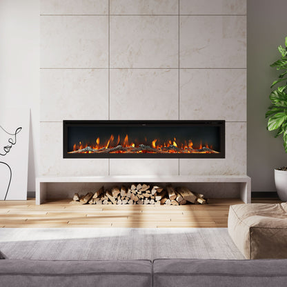 Extra Wide Wall Mounted Electric Fireplace 70/80/100 Inch – 12 Flame Colours, Dual Heat & Remote Control