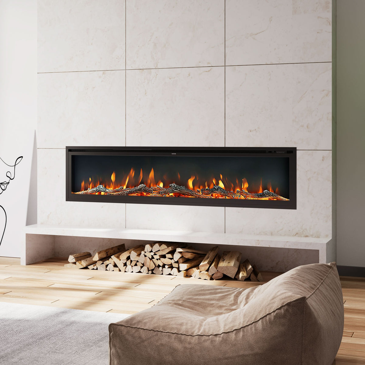 Extra Wide Wall Mounted Electric Fireplace 70/80/100 Inch – 12 Flame Colours, Dual Heat & Remote Control