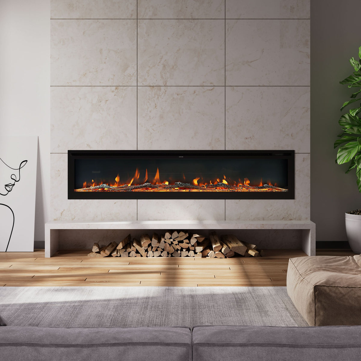 Extra Wide Wall Mounted Electric Fireplace 70/80/100 Inch – 12 Flame Colours, Dual Heat & Remote Control