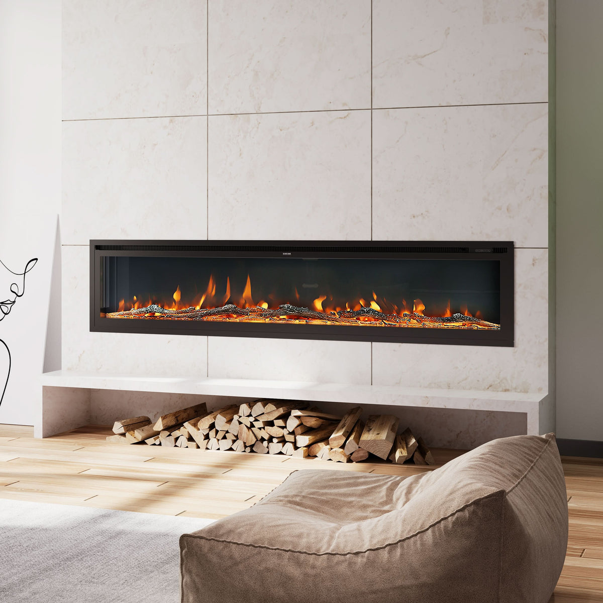 Extra Wide Wall Mounted Electric Fireplace 70/80/100 Inch – 12 Flame Colours, Dual Heat & Remote Control