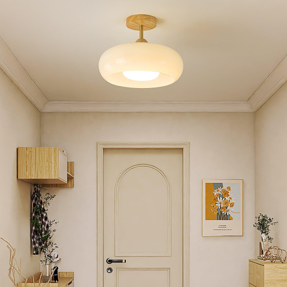 Nordic Wooden Dome Glass LED Semi-Flush Mount Ceiling Light 1-Light