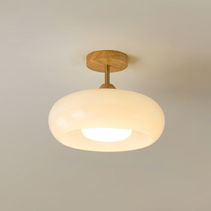 Nordic Wooden Dome Glass LED Semi-Flush Mount Ceiling Light 1-Light