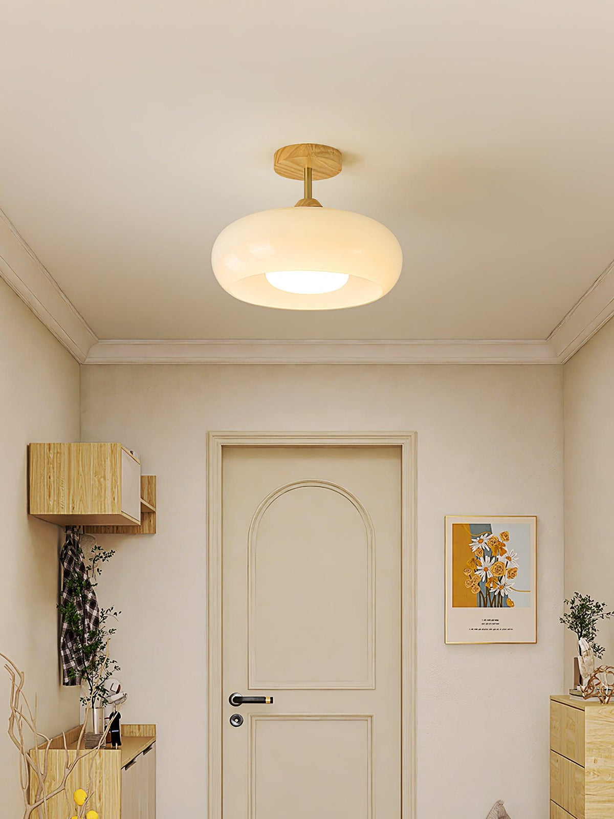 Nordic Wooden Dome Glass LED Semi-Flush Mount Ceiling Light 1-Light