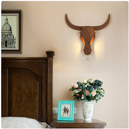 Rustic Wood Bull Head LED Wall Sconce Lamp 1-Light