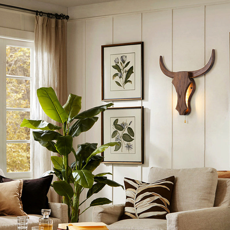 Rustic Wood Bull Head LED Wall Sconce Lamp 1-Light