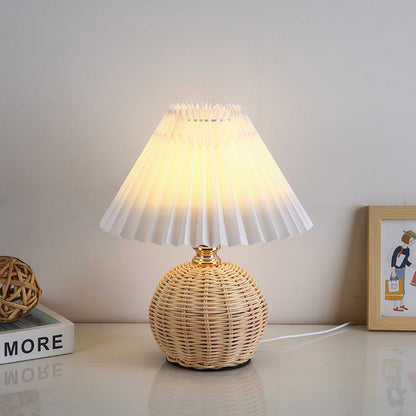 Scandinavian Rattan Pleated Fabric Conic LED Table Lamp 1-Light