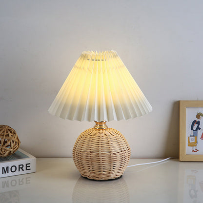 Scandinavian Rattan Pleated Fabric Conic LED Table Lamp 1-Light