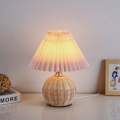 Scandinavian Rattan Pleated Fabric Conic LED Table Lamp 1-Light