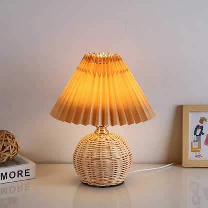 Scandinavian Rattan Pleated Fabric Conic LED Table Lamp 1-Light