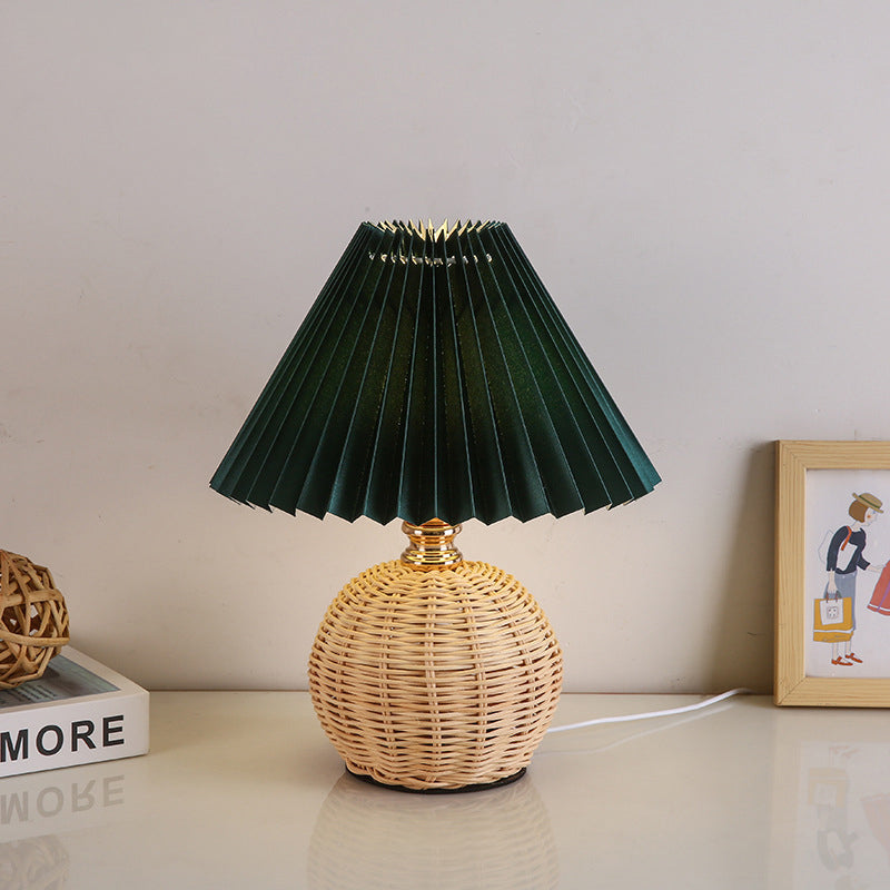 Scandinavian Rattan Pleated Fabric Conic LED Table Lamp 1-Light