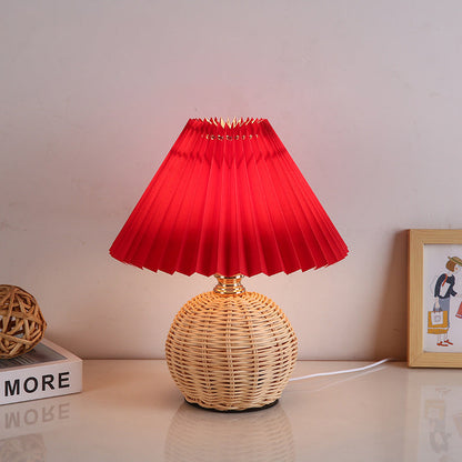 Scandinavian Rattan Pleated Fabric Conic LED Table Lamp 1-Light