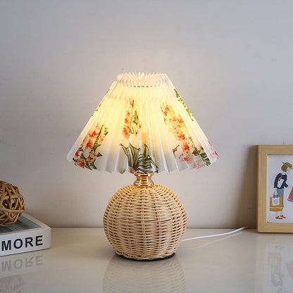 Scandinavian Rattan Pleated Fabric Conic LED Table Lamp 1-Light