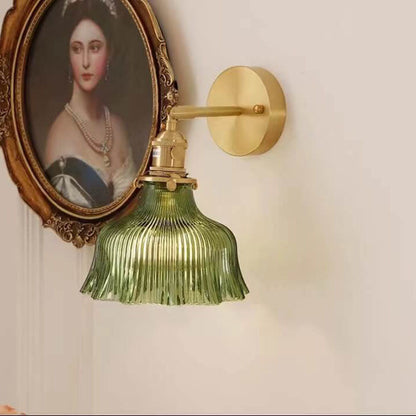 Scandinavian Brass & Green Glass Flower Wall Light | 1-Light