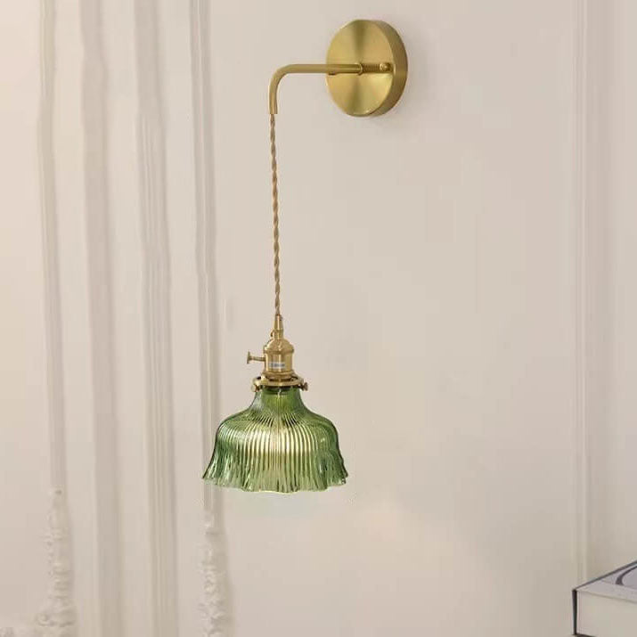 Scandinavian Brass & Green Glass Flower Wall Light | 1-Light