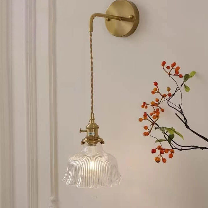 Scandinavian Brass & Green Glass Flower Wall Light | 1-Light