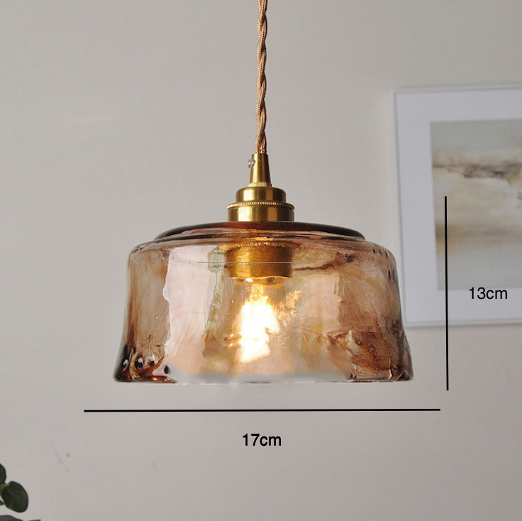 Vintage Amber Round Glass Brass Pendant Light 1-Light