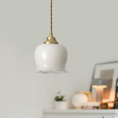 Vintage Brass Petal Glass Pendant Light 1-Light