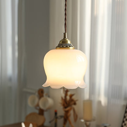 Vintage Brass Petal Glass Pendant Light 1-Light