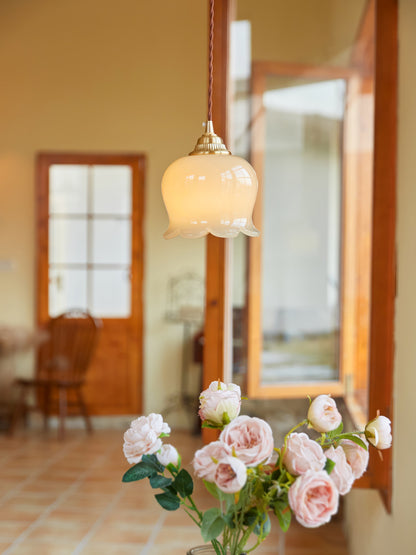 Vintage Brass Petal Glass Pendant Light 1-Light