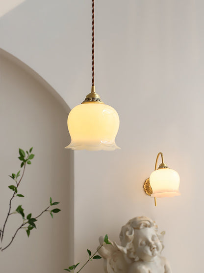 Vintage Brass Petal Glass Pendant Light 1-Light
