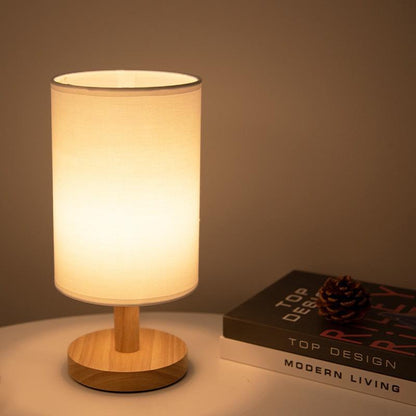 Scandinavian Wood Linen Shade Table Lamp 1-Light