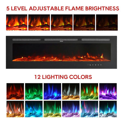 Recessed Media Wall Electric Fireplace 40/50/60/70/80 Inch – 12 Flame Colours & Remote Control 5120 BTU/h