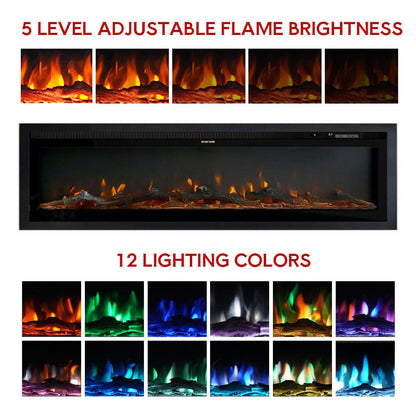 Slim Wall Mounted Electric Fireplace 40/50/60 Inch – 12 Flame Colours, Thermostat & Remote Control