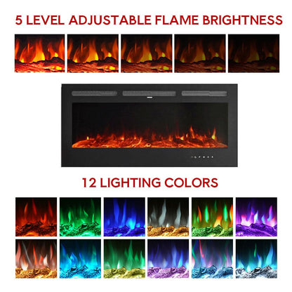 Recessed Media Wall Electric Fireplace 40/50/60/70/80 Inch – 12 Flame Colours & Remote Control 5120 BTU/h