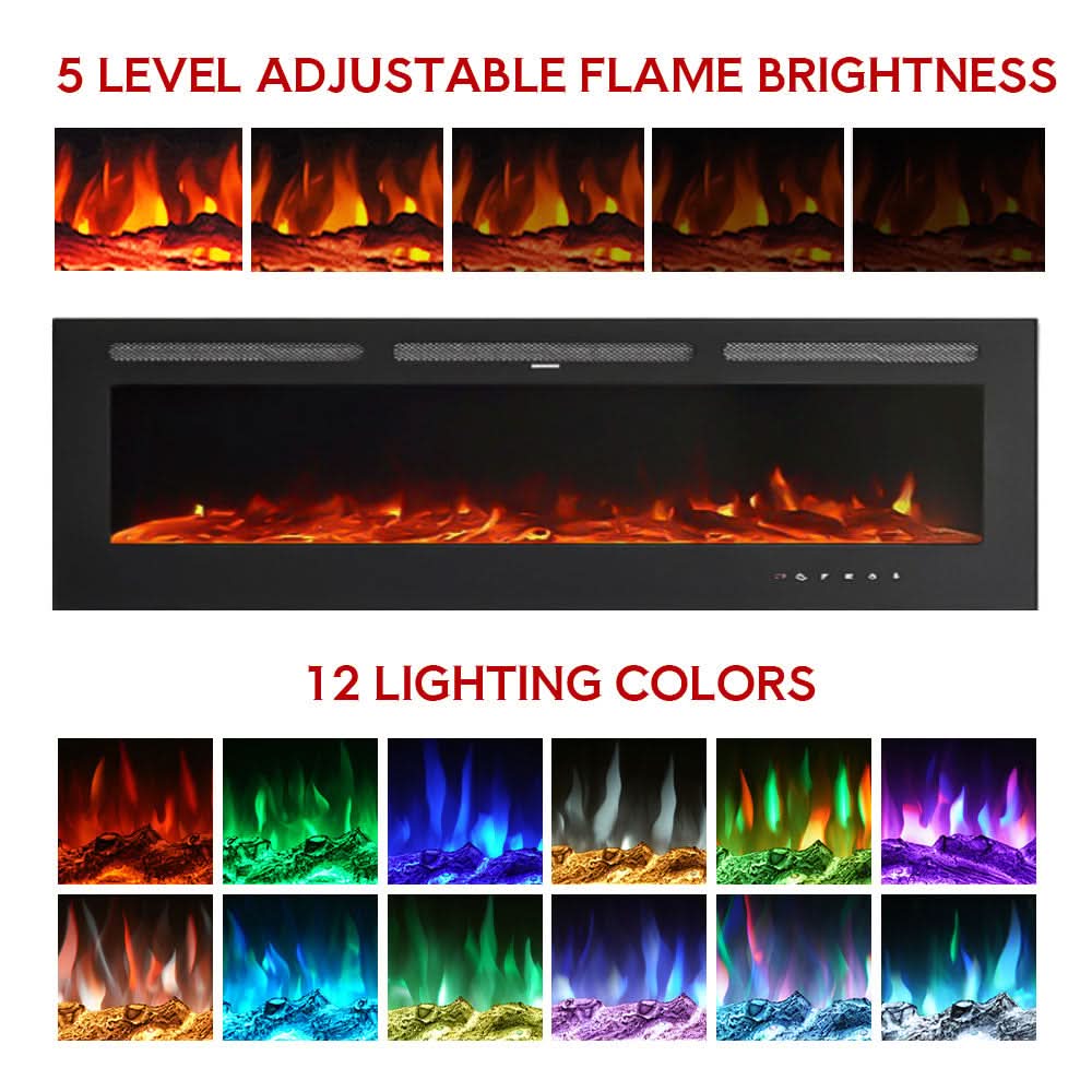 Recessed Media Wall Electric Fireplace 40/50/60/70/80 Inch – 12 Flame Colours & Remote Control 5120 BTU/h