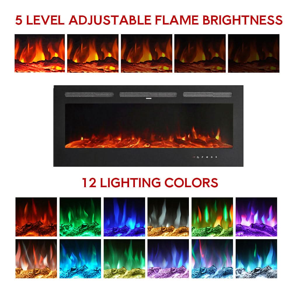 Recessed Media Wall Electric Fireplace 40/50/60/70/80 Inch – 12 Flame Colours & Remote Control 5120 BTU/h