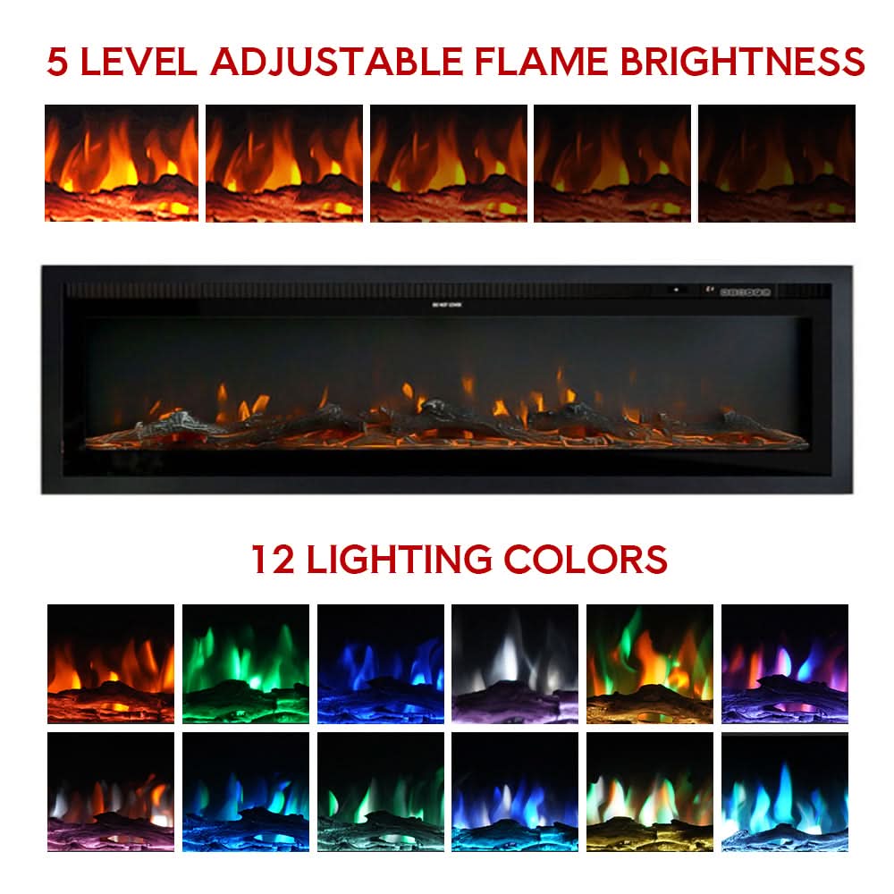 Slim Wall Mounted Electric Fireplace 40/50/60 Inch – 12 Flame Colours, Thermostat & Remote Control