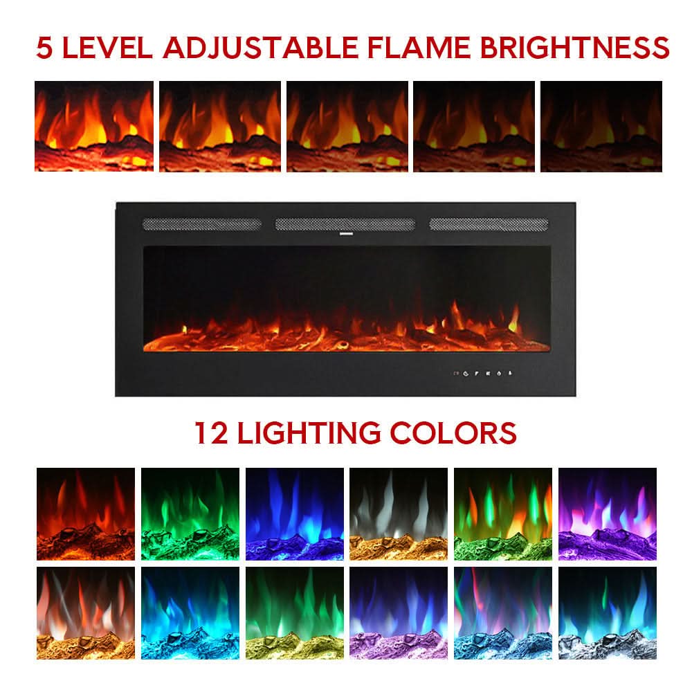 Recessed Media Wall Electric Fireplace 40/50/60/70/80 Inch – 12 Flame Colours & Remote Control 5120 BTU/h
