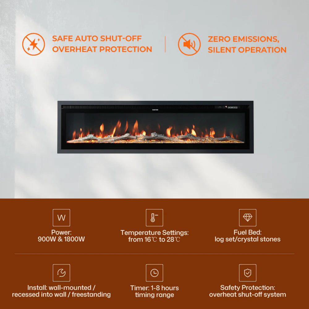 Slim Wall Mounted Electric Fireplace 40/50/60 Inch – 12 Flame Colours, Thermostat & Remote Control