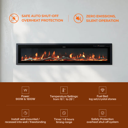 Slim Wall Mounted Electric Fireplace 40/50/60 Inch – 12 Flame Colours, Thermostat & Remote Control