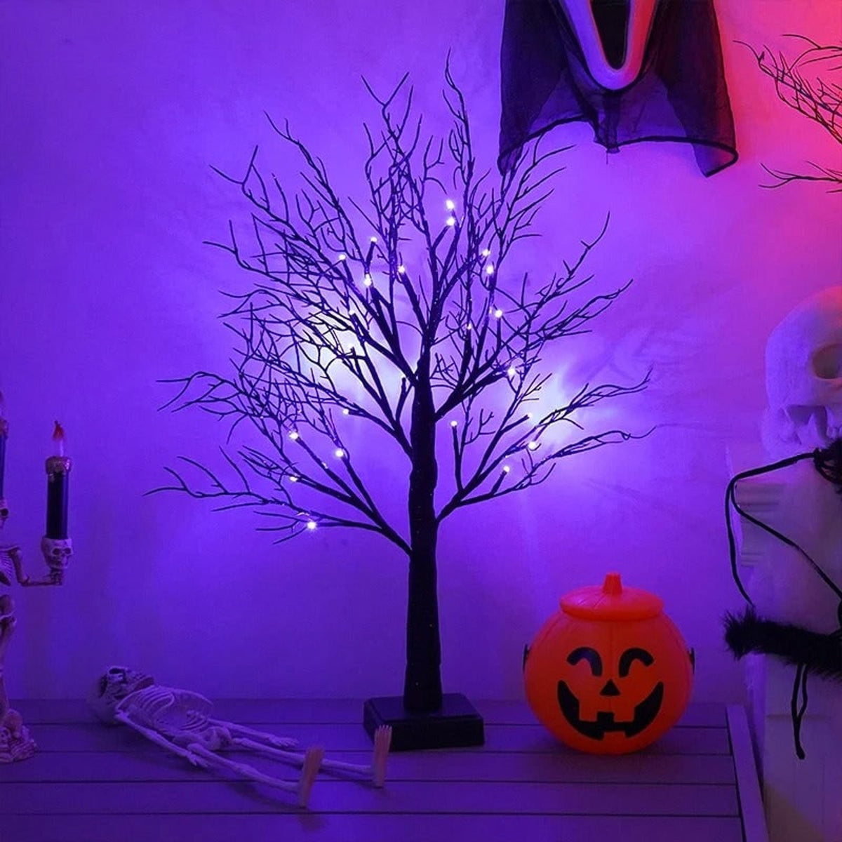 Halloween LED Tree Black Branches Purple Lights Spooky Table Decoration