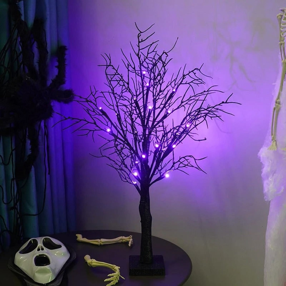 Halloween LED Tree Black Branches Purple Lights Spooky Table Decoration