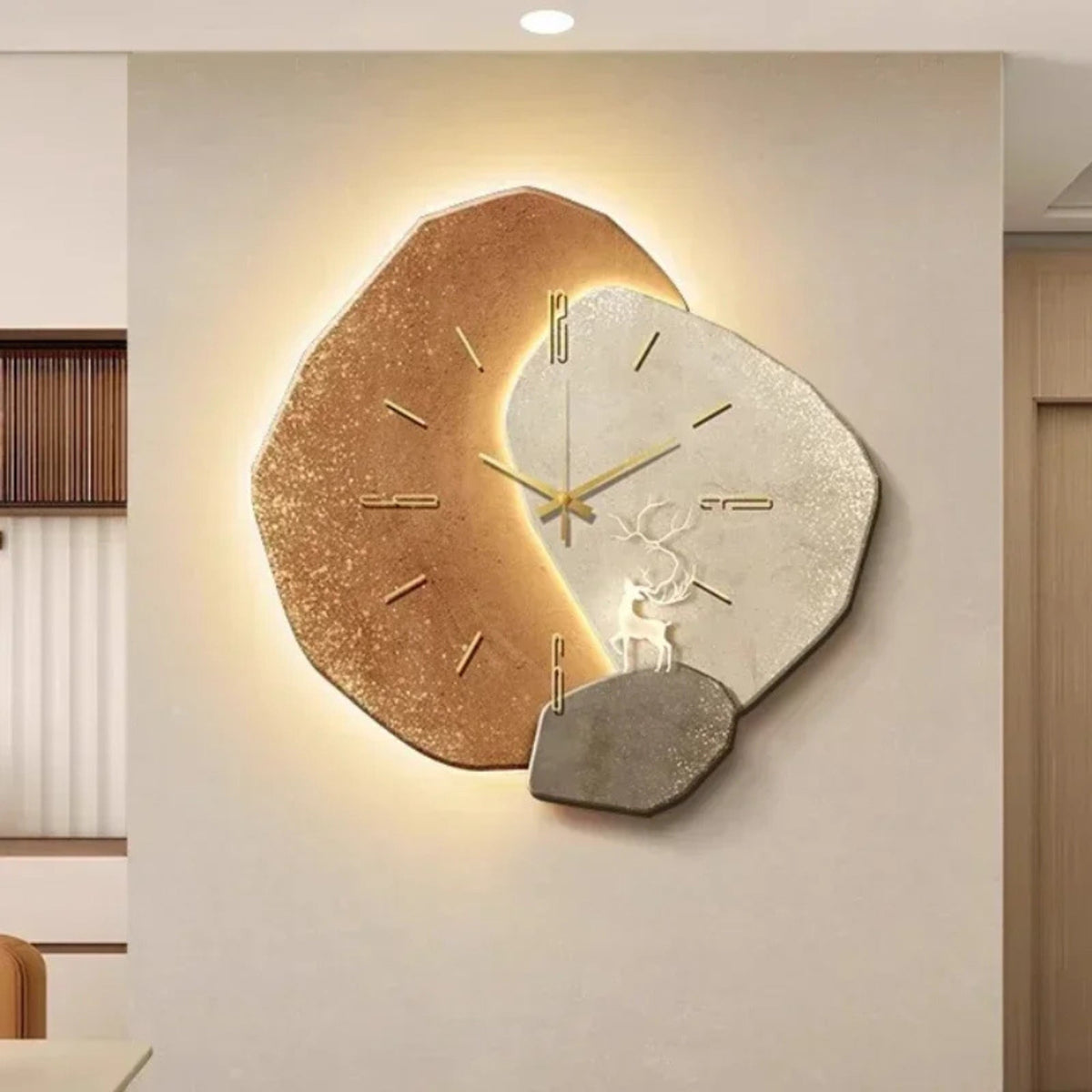 Modern Wall Clock Large Abstract Multi-Panel Earth Tones Gold Accents