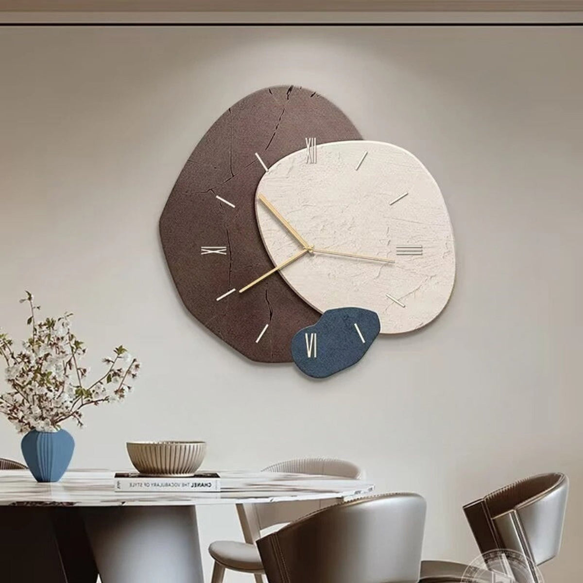 Modern Wall Clock Large Abstract Multi-Panel Earth Tones Gold Accents