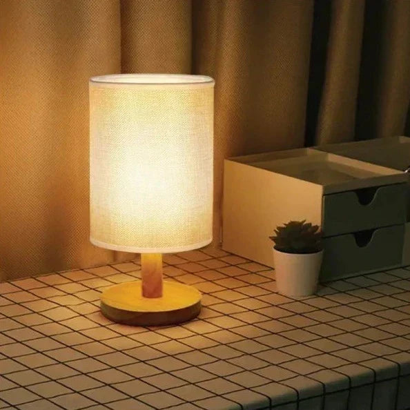 Scandinavian Wood Linen Shade Table Lamp 1-Light